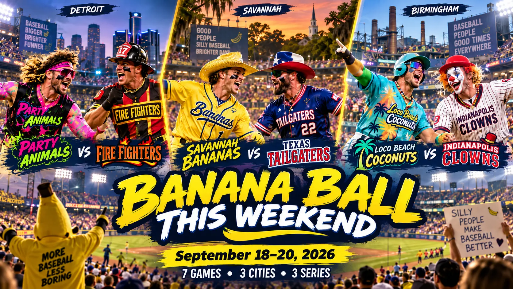 Banana Ball this weekend September 18–20, 2026, featuring Party Animals vs Firefighters in Detroit, Savannah Bananas vs Texas Tailgaters in Savannah, and Loco Beach Coconuts vs Indianapolis Clowns in Birmingham.